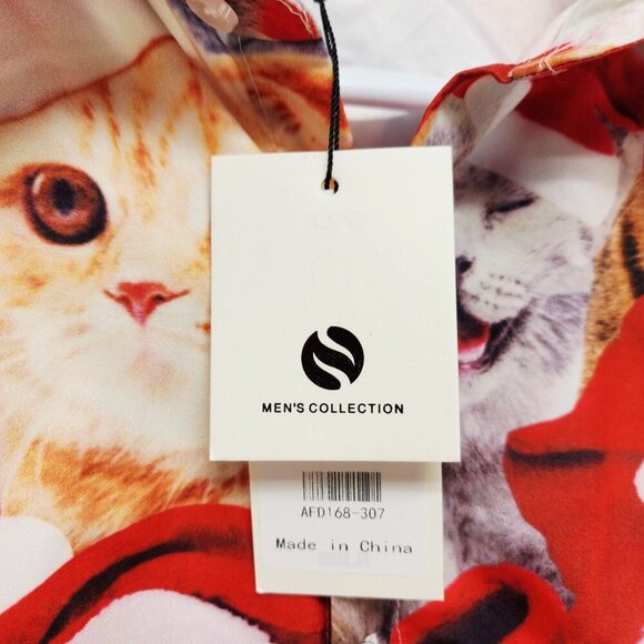 Mens Christmas Cat Print Button-Up Short Sleeve Shirt By SSLR Size XL - Picture 7 of 8